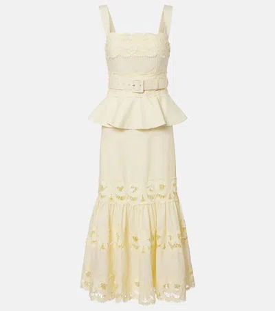 Self-portrait Belted Crochet-trimmed Linen And Cotton Midi Dress In Yellow