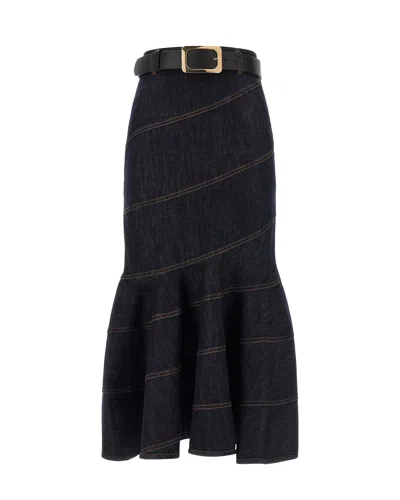 Self-portrait Belted Denim Mermaid Skirt In Denim - Blue