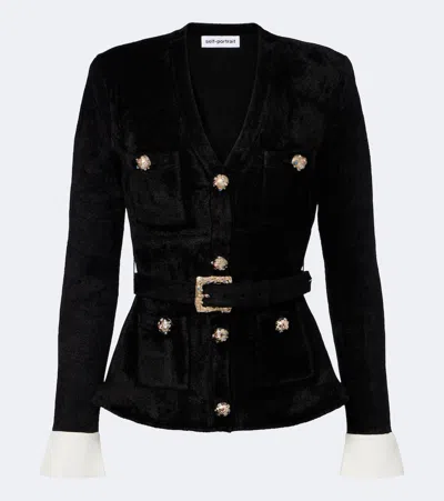 Self-portrait Belted Embellished Chenille Jacket In Black