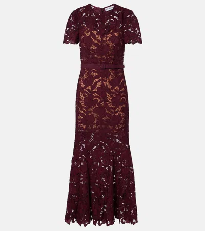 Self-portrait Burgundy Guipure Lace Midi Dress With Removable Belt In Red
