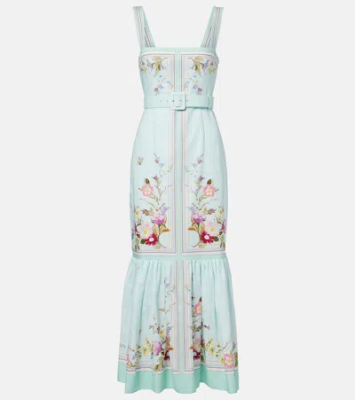 Self-portrait Belted Floral Linen Midi Dress In Blue