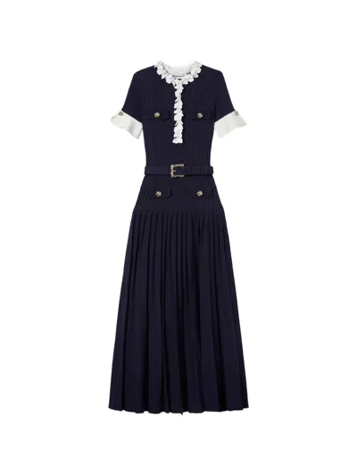 Self-portrait Belted Floral-embellished Knitted Maxi Dress In Blue