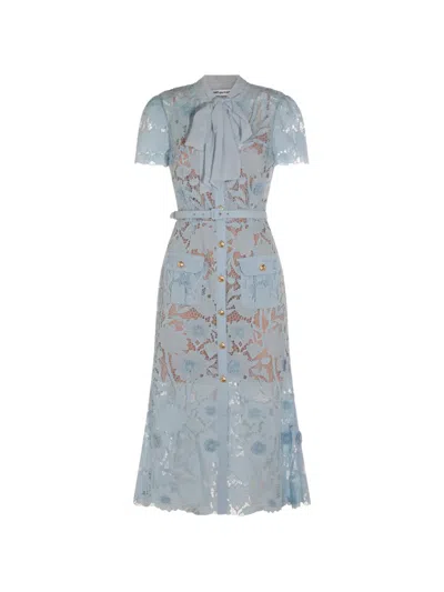 Self-portrait Blue Lace Tie Neck Midi Dresses Light Blue