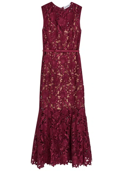 Self-portrait Burgundy Guipure Lace Midi Dress With Removable Belt In Multi