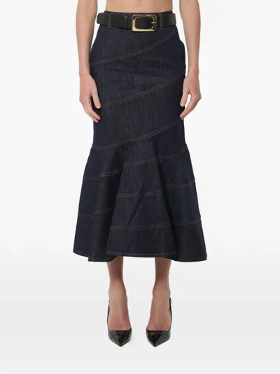 Self-portrait Indigo Denim Belted Midi Skirts Blue In Animal Print