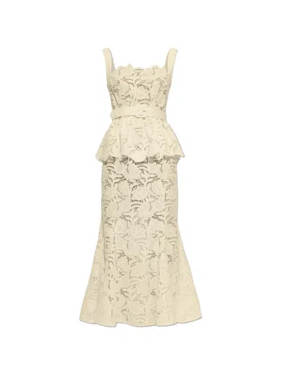 Self-portrait Womens Yellow Belted Peplum Lace Midi Dress In Gray
