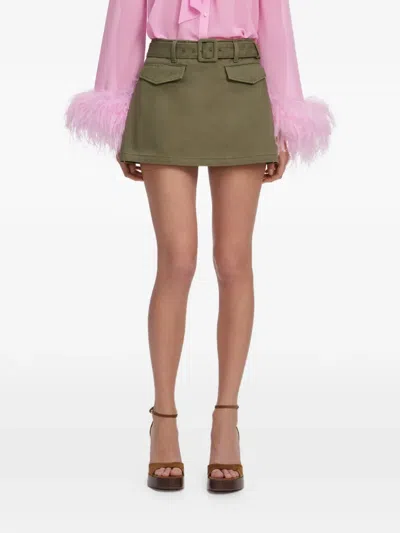 Self-portrait Womens Khaki Belted Flap-pocket Denim Skort In Green