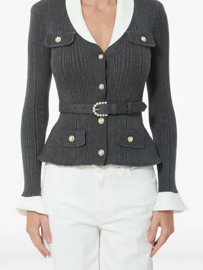 Self-portrait Cardigan Belted Waist Contrast Collar Pockets In Gray
