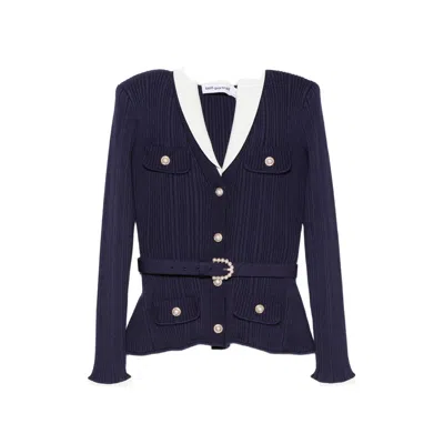 Self-portrait Belted Ribbed-knit Cardigan In Blue