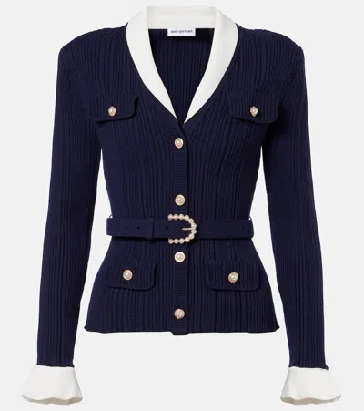 Self-portrait Belted Ribbed-knit Cardigan In Blue