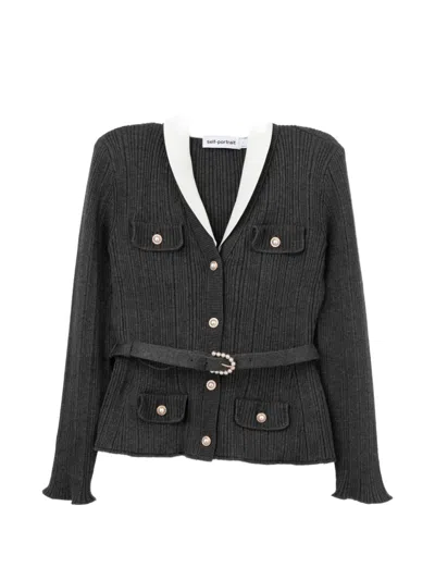 Self-portrait Knit Cardigan Jewel Belt V Neckline In Gray