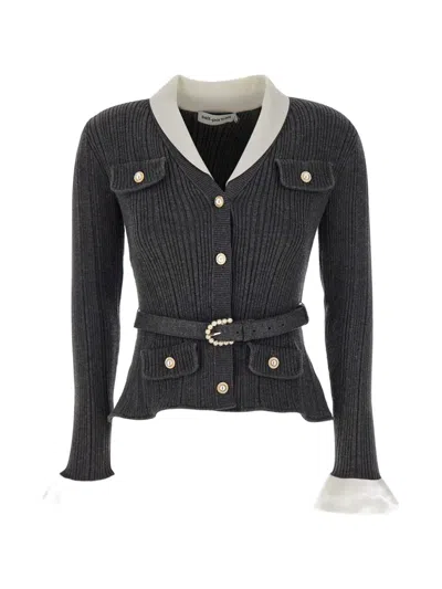 Self-portrait Ribbed Knit Cardigan With Contrasting Collar And Pearl Accents In Black