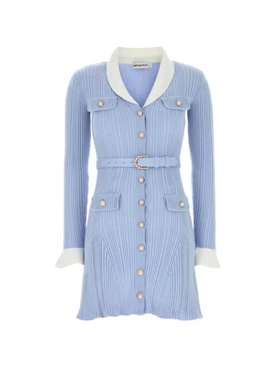 Self-portrait Ribbed Mini Dress With Belted Waist And Flared Skirt In Blue