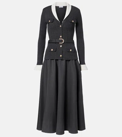 Self-portrait Belted Embellished Ribbed-knit And Twill Midi Dress In Gray