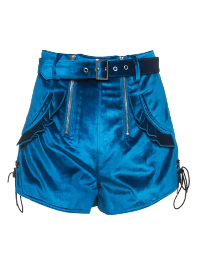 Pre-owned Self-portrait Belted Ruffled Shorts In Blue