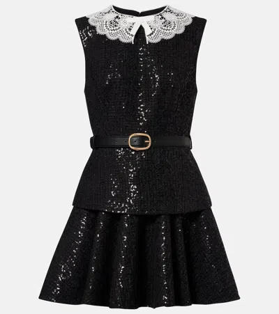 Self-portrait Textured Mini Dress With Lace Collar And Fitted Bodice In Black