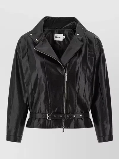 Self-portrait Biker Jacket High Collar Belted Waist In Black