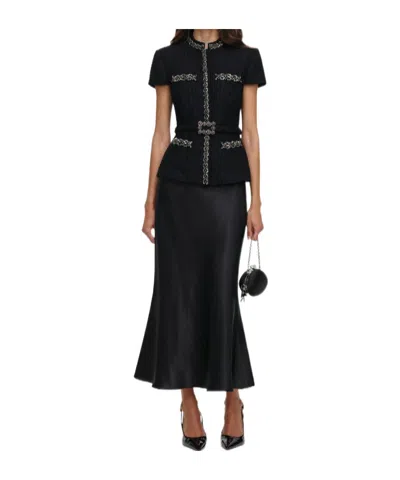 Self-portrait Black Boucle Crystal Trim Satin Midi Dress