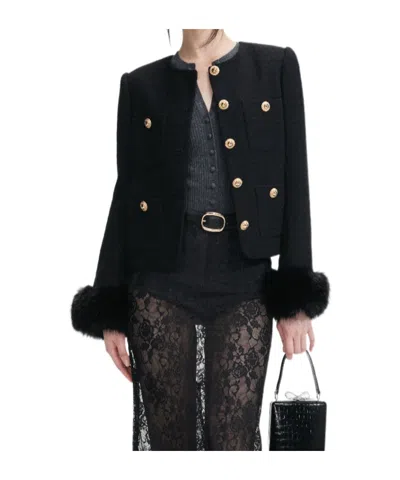 SELF-PORTRAIT BLACK BOUCLE FUR CUFF JACKET