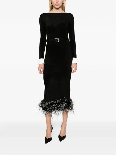 Self-portrait Black Chenille Knit Feather Midi Dress