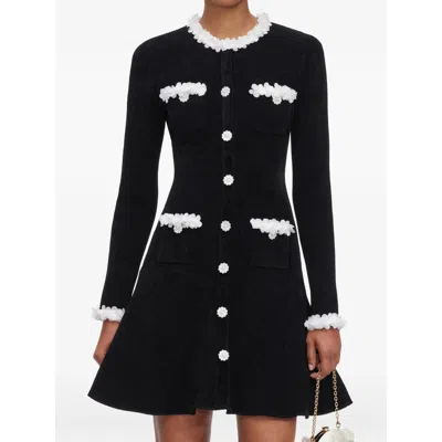 Self-portrait Black Chenille Knit Flower-trim Mini Dress