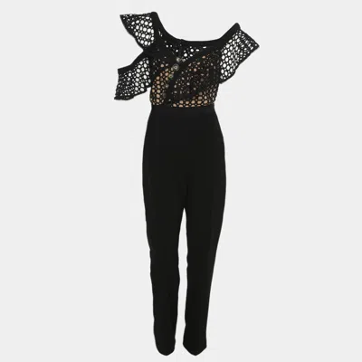 Self-portrait Black Crepe And Lace Frill Asymmetric Jumpsuit