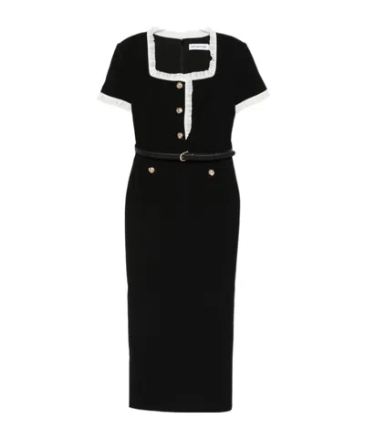 Self-portrait Belted Ruffled Lace-trimmed Crepe Midi Dress In Black