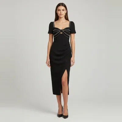 Pre-owned Self-portrait Black Crepe Diamante Bust Midi Dress S
