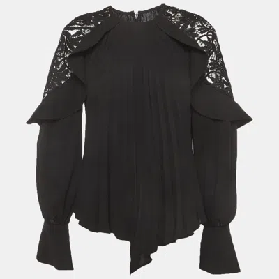 Pre-owned Self-portrait Black Crepe Lace Asymmetric Pleated Blouse S