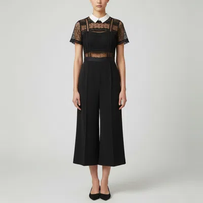 Pre-owned Self-portrait Black Crepe Lace Detailed Panelled Jumpsuit S