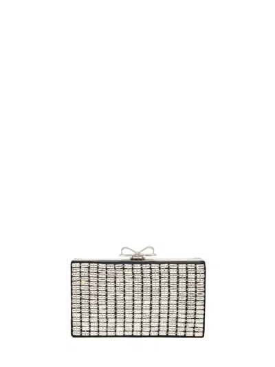 Self-portrait Black Crystal-embellished Clutch Bag With Shoulder Strap In Silver