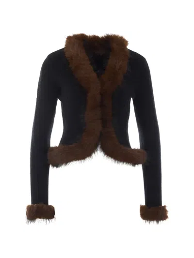 Self-portrait Black Faux Fur Knit Cardigan In Red
