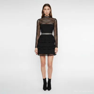 Pre-owned Self-portrait Black Guipure Lace Sheer Mock-neck Mini Dress S