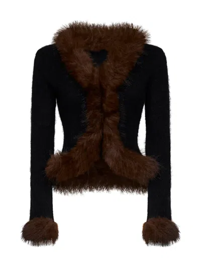 Self-portrait Black Knit Cardigan With Faux-fur Details