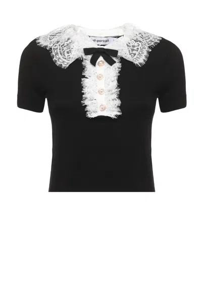 Self-portrait Black Knit Lace Collar Short-sleeved Top In Multi