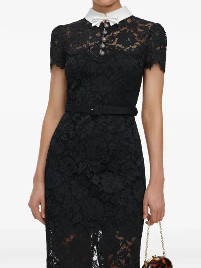 Self-portrait Intricate Floral Lace Midi Dress With Bow Collar And Jewel Buttons In Black