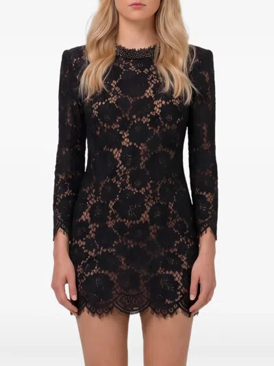 Self-portrait -inspired Lace Mini Dress With Neck Detail And Long Sleeves In Black