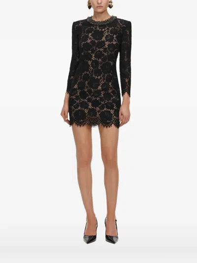 Self-portrait -inspired Lace Mini Dress With Neck Detail And Long Sleeves In Black