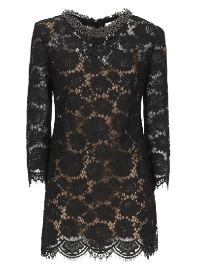 Self-portrait Black Lace Midi Dress With Nude Slip And Silver-embellished Collar