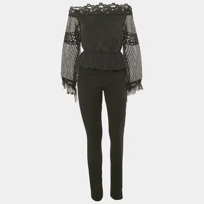 Self-portrait Black Lace Trim Crepe Jumpsuit In Multi