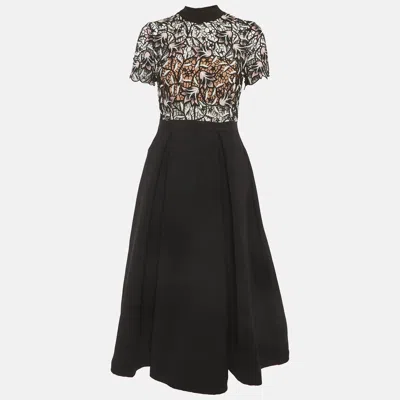 Pre-owned Self-portrait Black Lace Trim Crepe Nightshade Midi Dress M