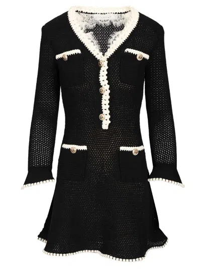 Self-portrait Black Lace Trim Knit Mini Dress Dresses Black In Multi