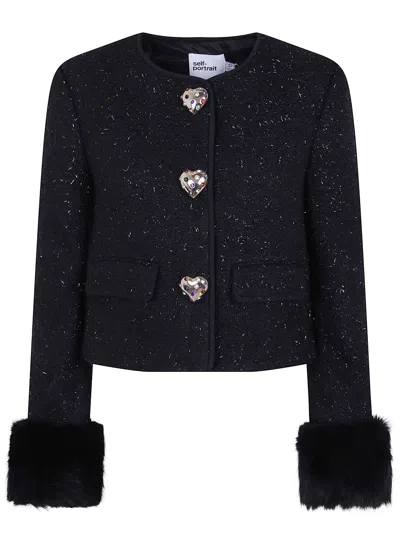 Self-portrait Black Metallic Boucle Fur Cuff Jacket