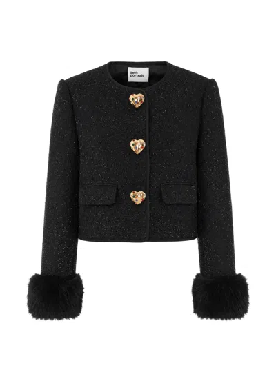 Self-portrait Short Tweed Jacket With Jewel Buttons And Faux Fur Cuffs In Black
