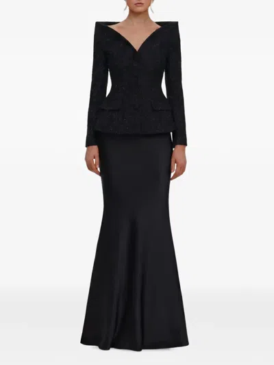 Self-portrait Metallic Boucle Satin Tailored Maxi Dress In Black