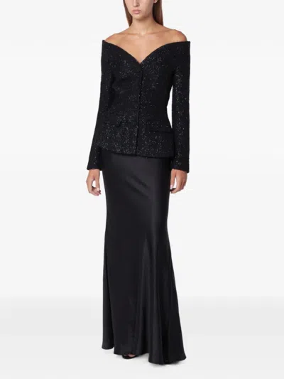 Self-portrait Black Metallic Bouclé Satin Maxi Dress In Blue