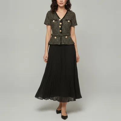 Pre-owned Self-portrait Black Pleated Boucle Chiffon Midi Dress Xs