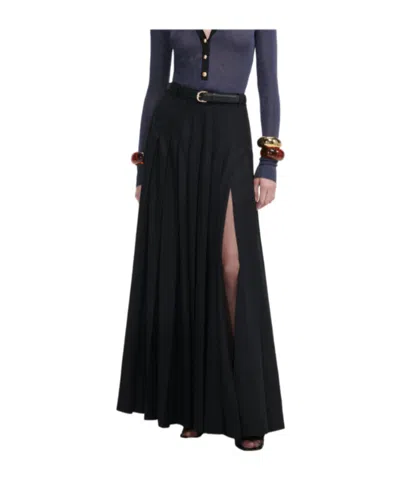 Self-portrait Black Pleated Twill Maxi Skirt In Gold