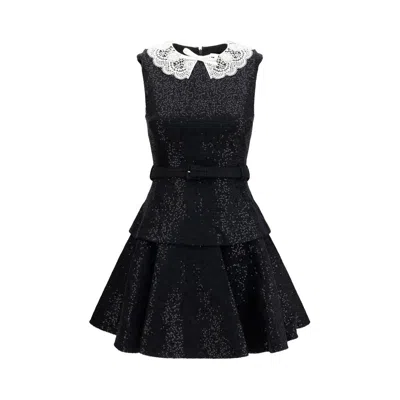 Self-portrait Textured Mini Dress With Lace Collar And Fitted Bodice In Black