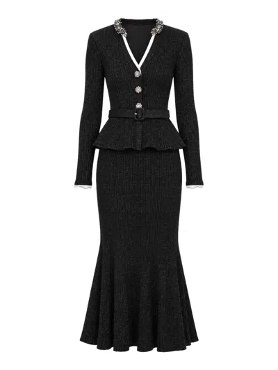 Self-portrait Black Ribbed Knit Midi Dress With Lurex